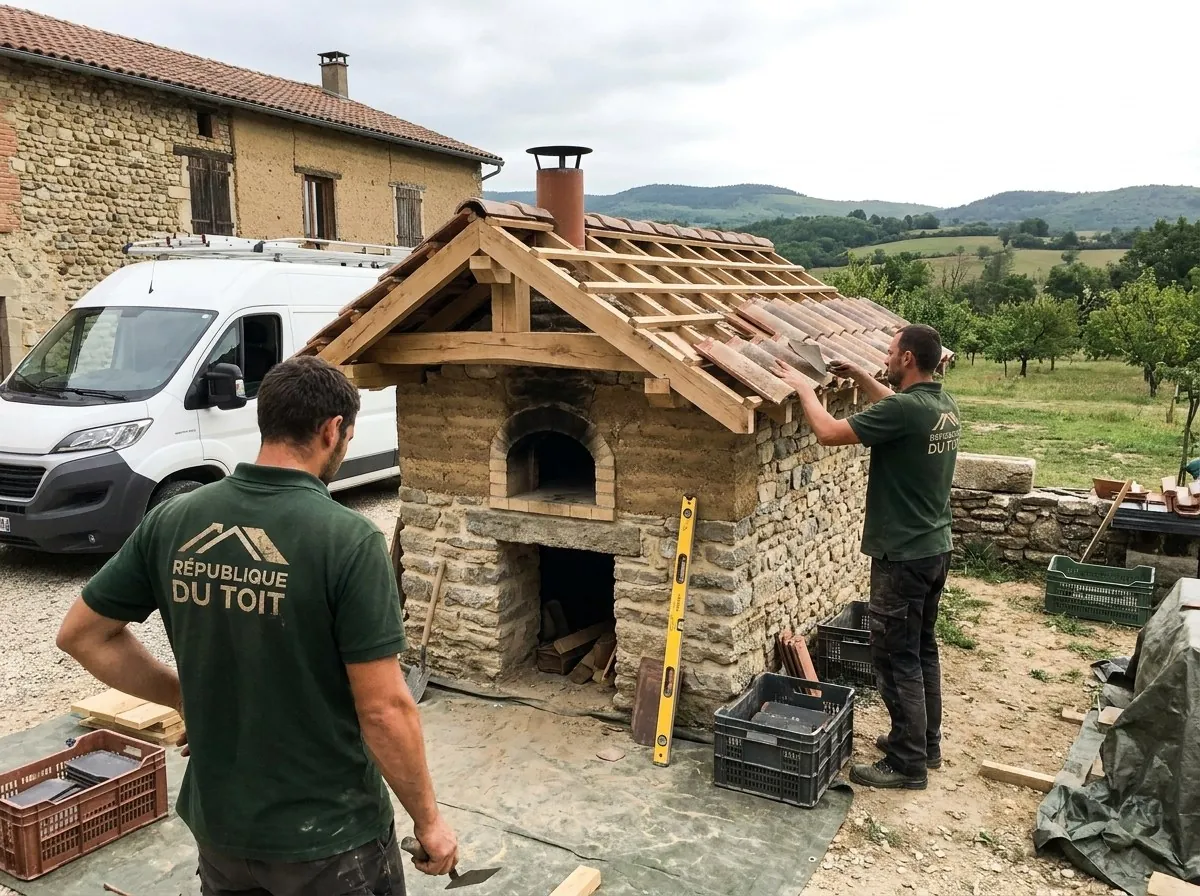 Chantier en cours à Anneyron, équipe Le Toit du Platane