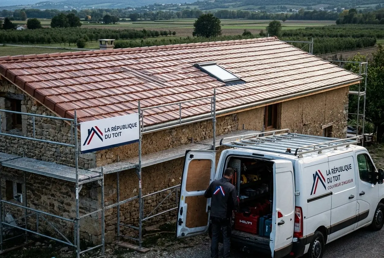 Toiture neuve avec gouttières en zinc et panneau de chantier Le Toit du Platane près d'Anneyron