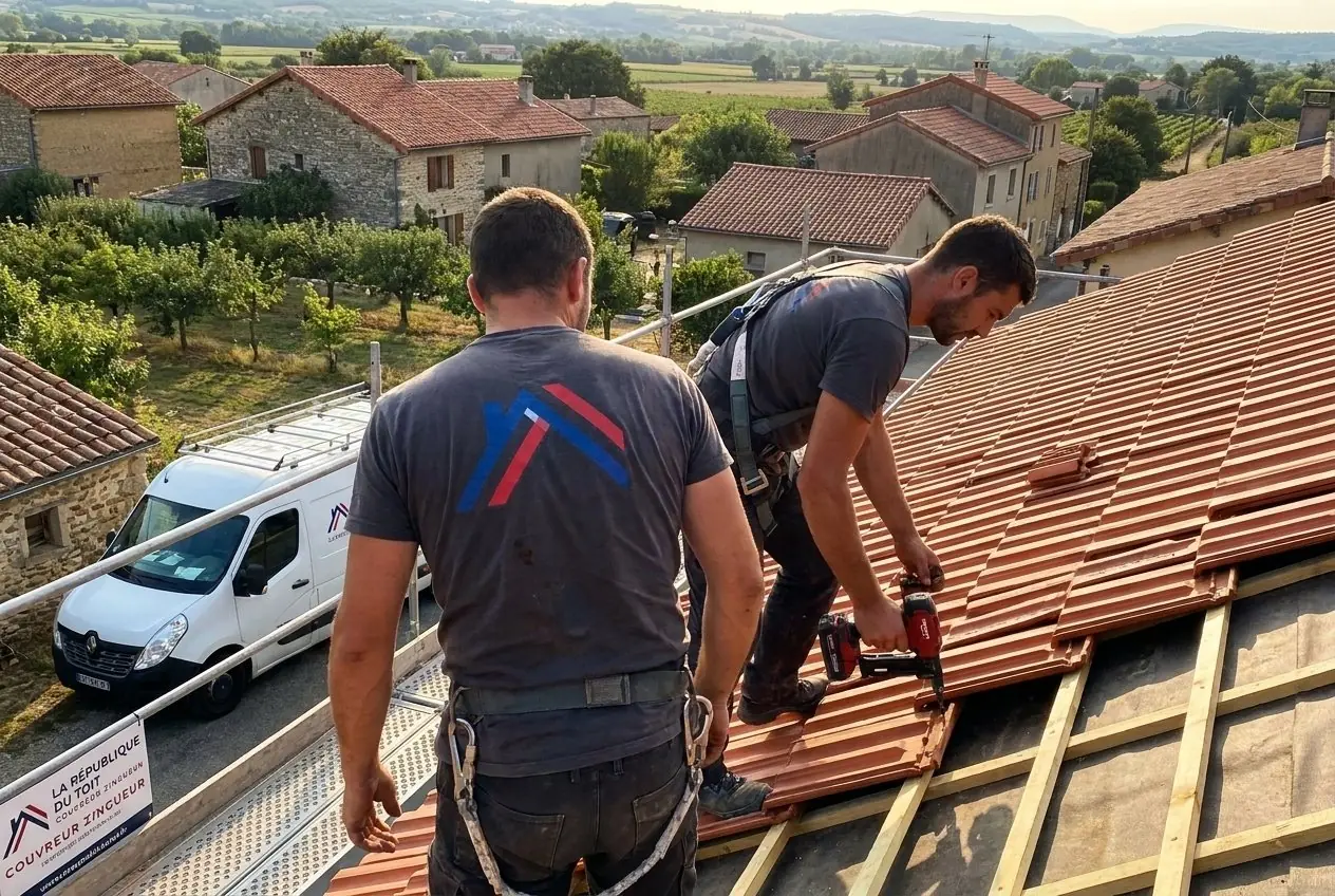 Couvreur de Le Toit du Platane posant des tuiles sur une toiture à Anneyron