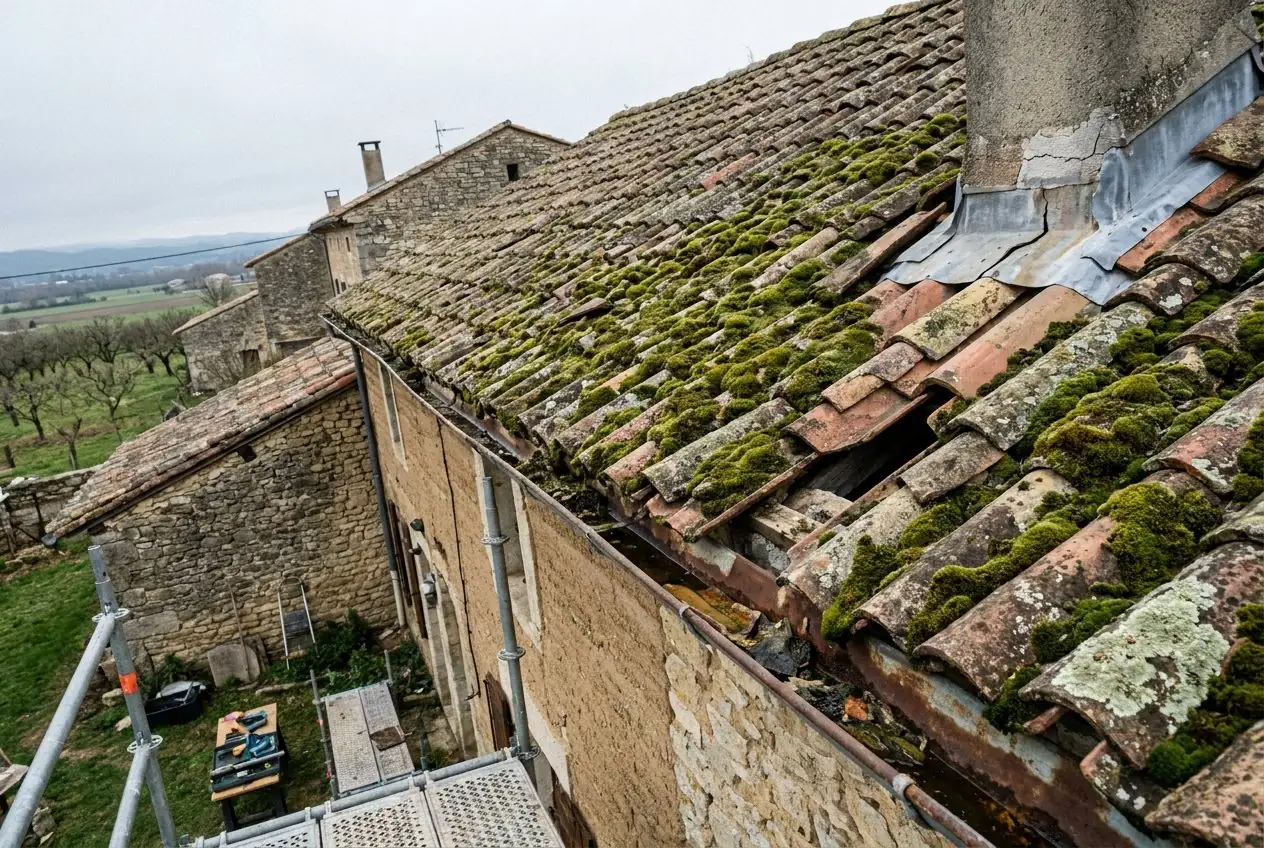 Toiture abîmée avant travaux à Anneyron